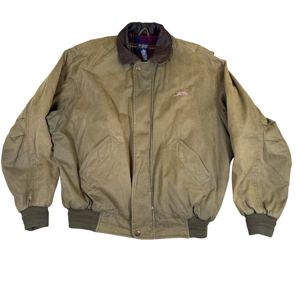 Vintage Gant USA The Aviator Bomber Jacket Brown Leather Collar Plaid Lined L